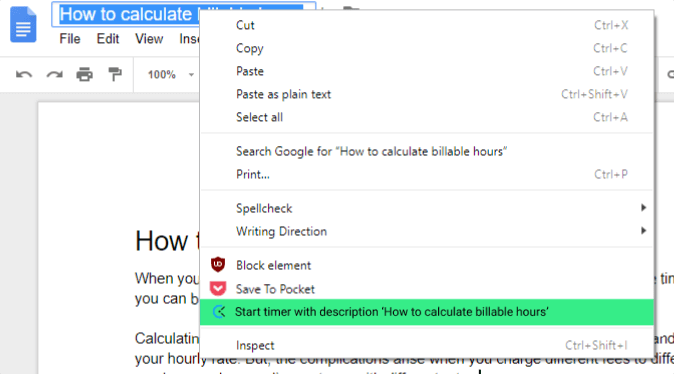 Zeiterfassungserweiterung für Chrome - Timer von ausgewähltem Text aus starten