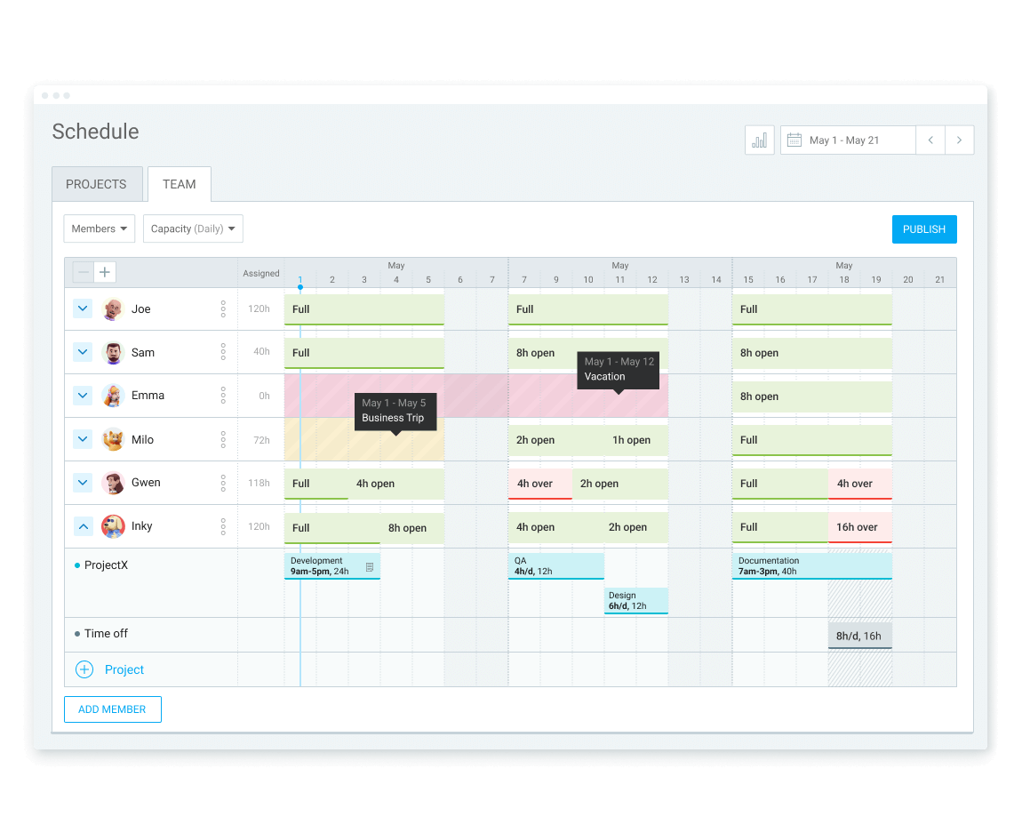 Team scheduling feature in Clockify (screenshot)