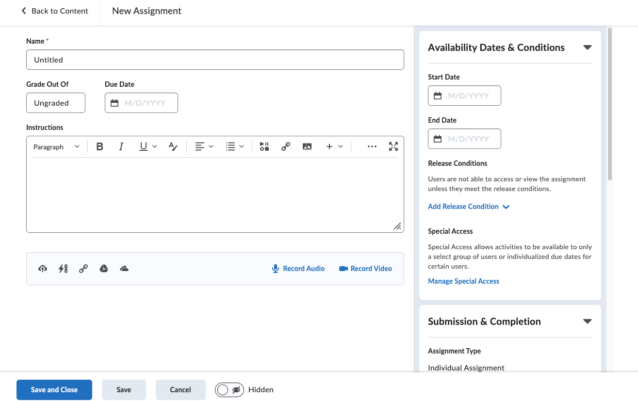 D2L Brightspace - assignment creation