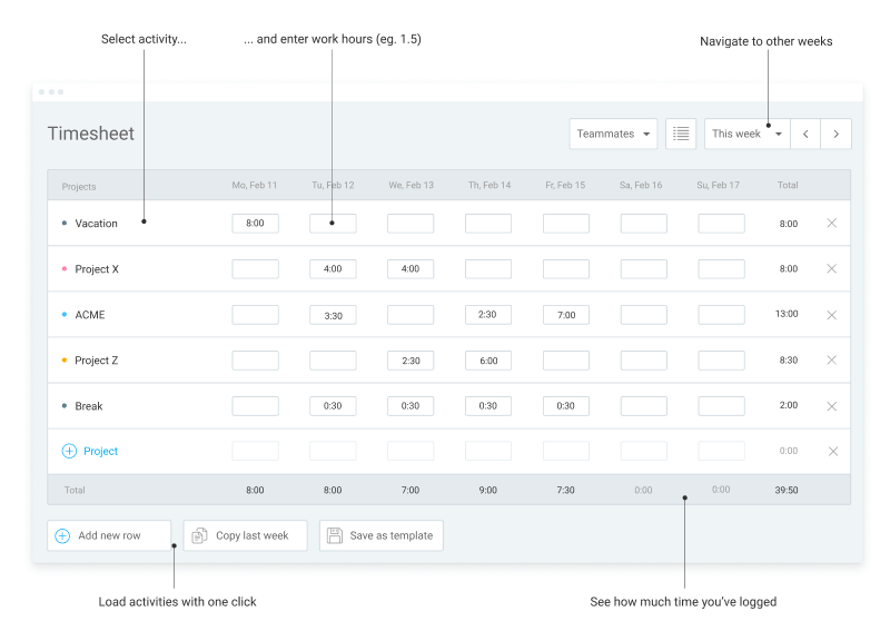 Timesheet feature in Clockify (screenshot)