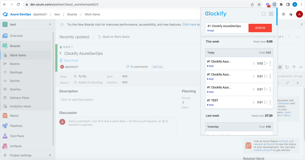 Azure DevOps time tracking - timer starts ticking in Chrome