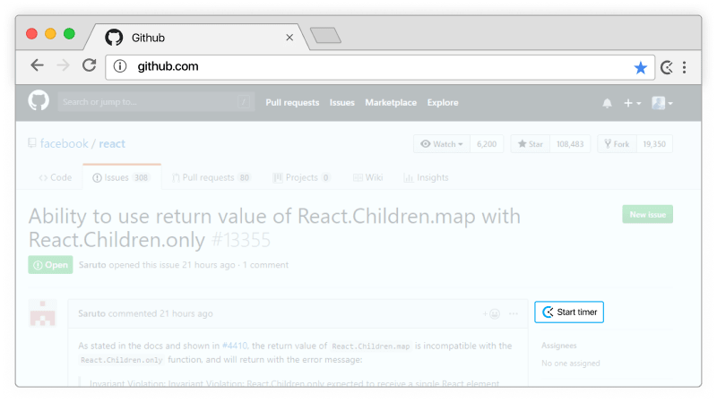 Github time tracking - timer appears in Github issues and merge requests