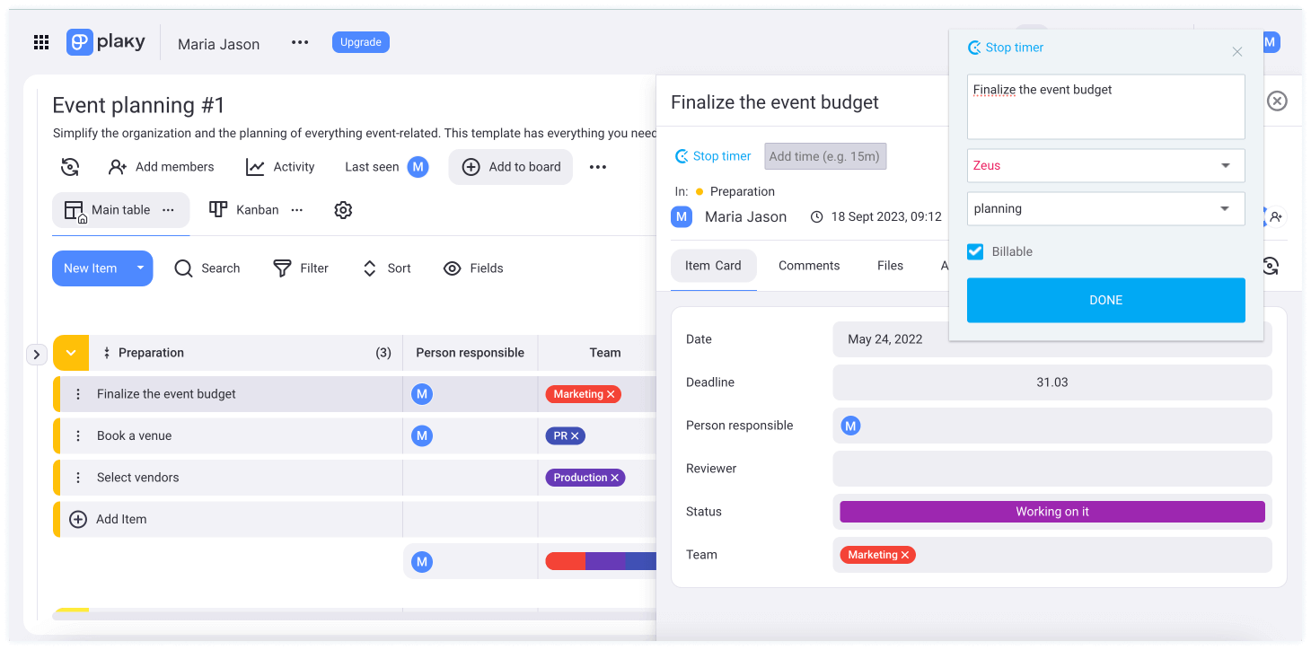 Plaky time tracking integration screenshot