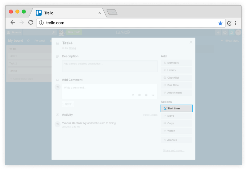 Trello time tracking - timer in Trello cards