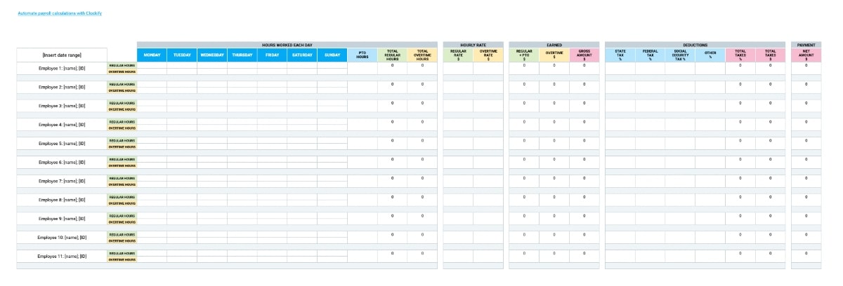 Weekly Payroll Template with overtime and PTO