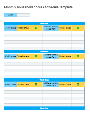 Monthly Household Chores Schedule