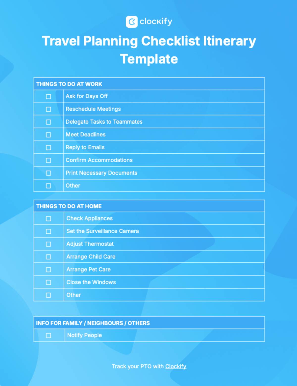 Travel planning checklist screenshot